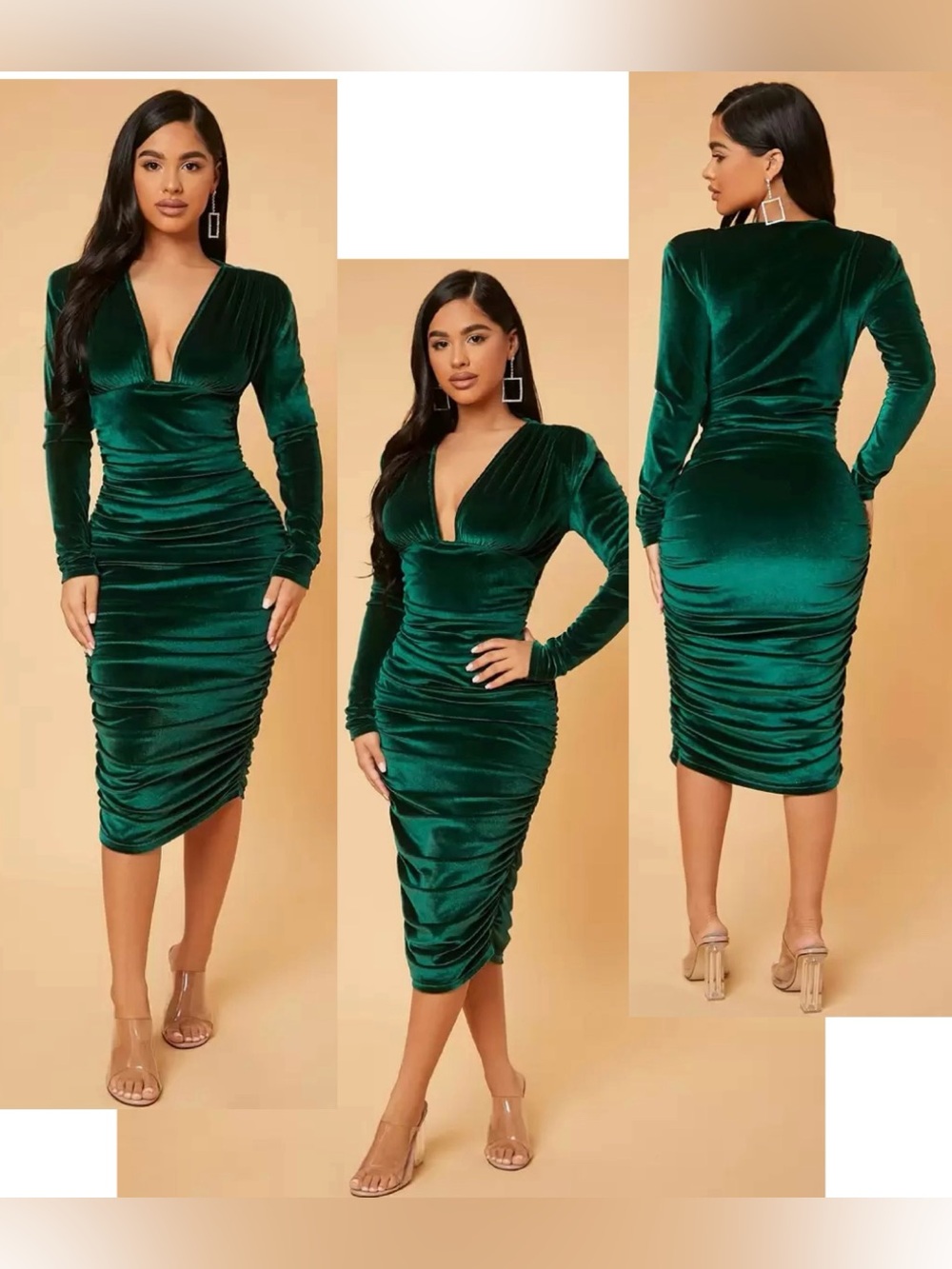 Emerald Green V-Neck Velvet Ruched Midi bodycon cocktail Dress Sz L NWT